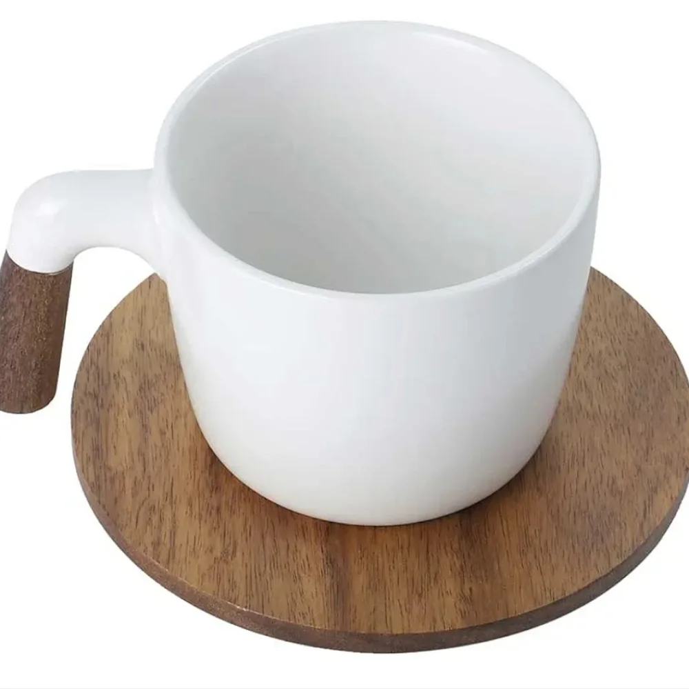 Porcelain Coffee Mug with Acacia Wood Saucer,‎ NEW
